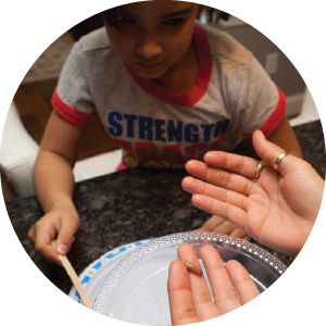 Kid in white shirt examining small worms on a plate